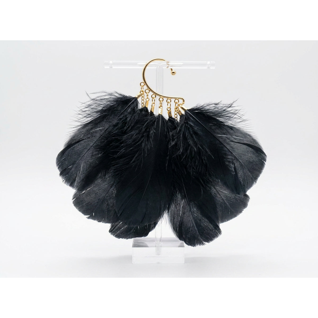 Boho Feather Ear Cuff — Black Feather Earring in Gold, No Piercing Needed