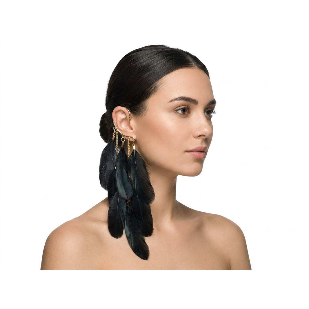 Boho Feather Ear Cuff — Black Feather Earring in Gold, No Piercing Needed