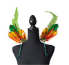 Jungle Sunrise Feather Small Collar Wings featuring a vibrant blend of green, orange, and yellow feathers with sparkling details and dramatic plumes; lightweight, adjustable, and handmade for carnival and festival wear. #CARNIVALFEATHERS #CARNIVAL #CARNIVALCOSTUMES