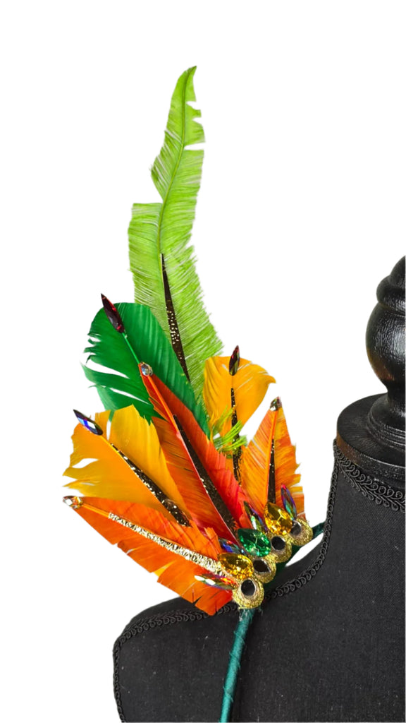 Jungle Sunrise Feather Small Collar Wings featuring a vibrant blend of green, orange, and yellow feathers with sparkling details and dramatic plumes; lightweight, adjustable, and handmade for carnival and festival wear. #CARNIVALFEATHERS #CARNIVAL #CARNIVALCOSTUMES