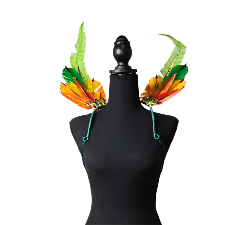 Jungle Sunrise Feather Small Collar Wings featuring a vibrant blend of green, orange, and yellow feathers with sparkling details and dramatic plumes; lightweight, adjustable, and handmade for carnival and festival wear. #CARNIVALFEATHERS #CARNIVAL #CARNIVALCOSTUMES