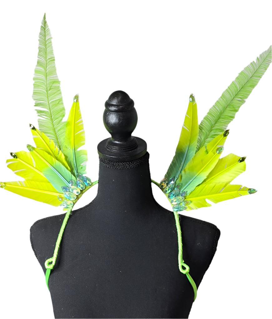Lime Glow Feather Small Collar Wings, featuring bright neon green and yellow feathers with sparkling accents, designed for carnivals, festivals, and show-stopping performances. #CarnivalMW #FestivalFashion #CarnivalReady #FeatherAccessories