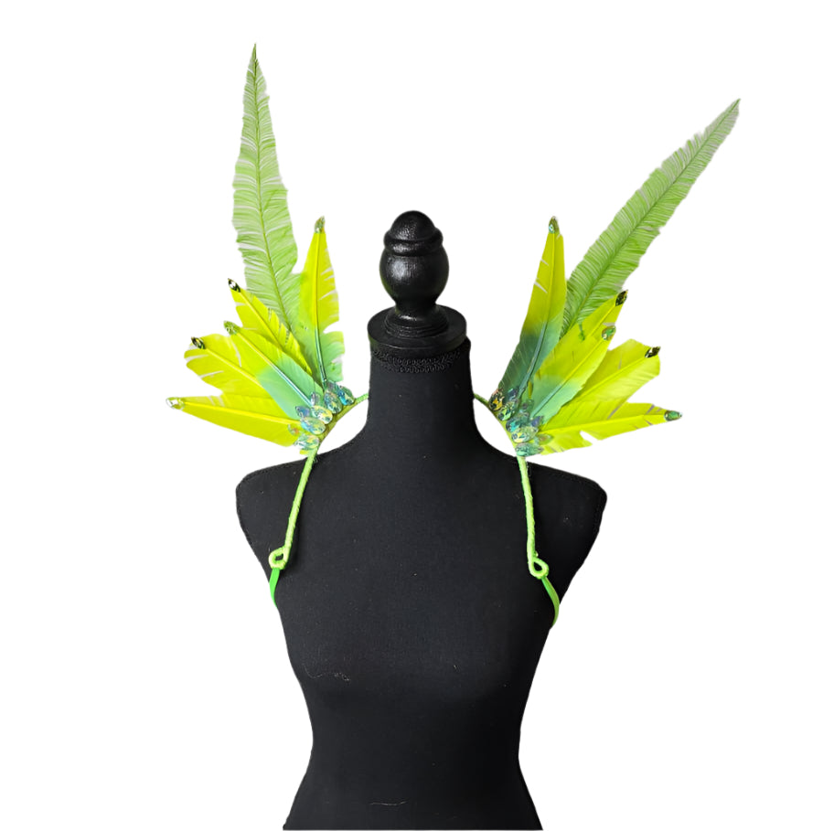 Lime Glow Feather Small Collar Wings, featuring bright neon green and yellow feathers with sparkling accents, designed for carnivals, festivals, and show-stopping performances. #CarnivalMW #FestivalFashion #CarnivalReady #FeatherAccessories