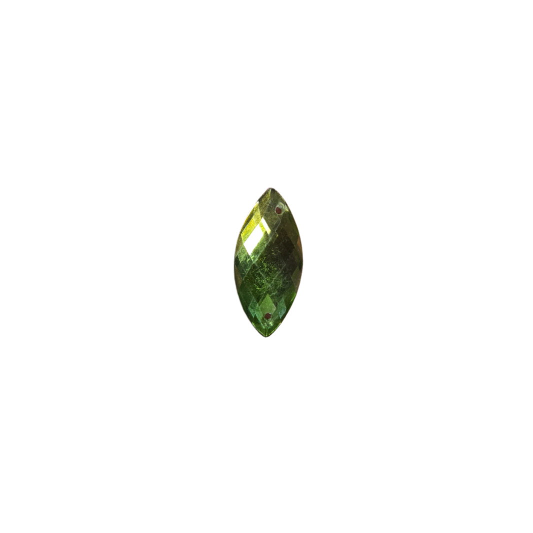 Detailed view of a 13x19mm lime green marquise sew-on flatback rhinestone, ideal for enhancing carnival costumes and custom designs