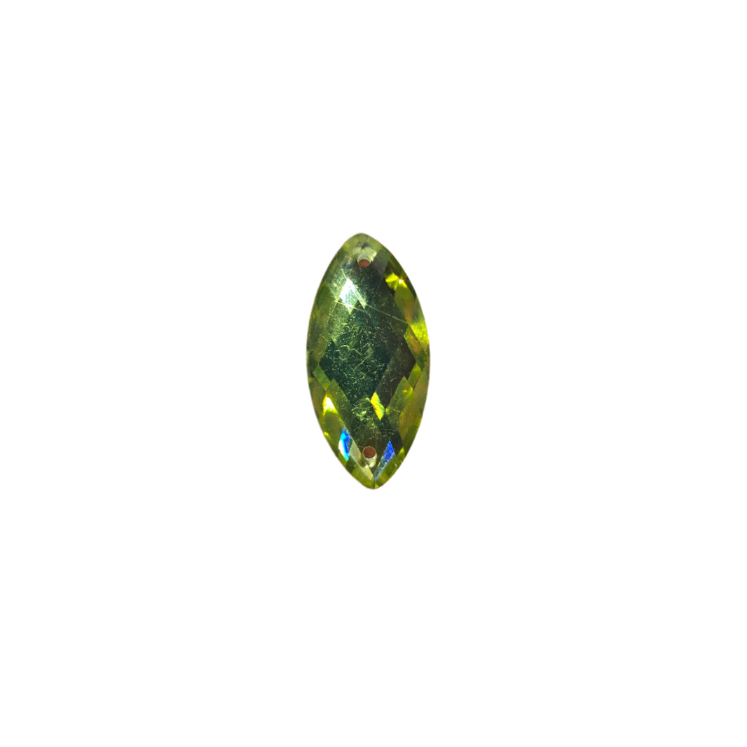 Lime green marquise sew-on flatback rhinestone, 16x22MM, perfect for adding vibrant color to carnival costumes and custom designs