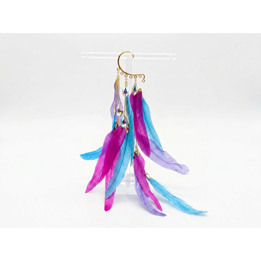 Boho Feather Ear Cuff — Magenta Turquoise & Lavender Crystal Earring in Gold, No Piercing Needed