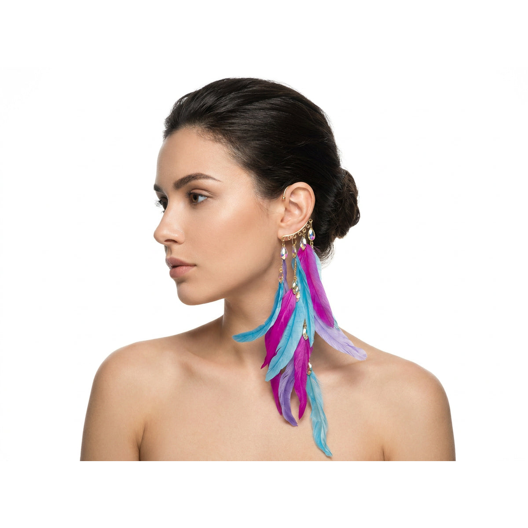 Boho Feather Ear Cuff — Magenta Turquoise & Lavender Crystal Earring in Gold, No Piercing Needed