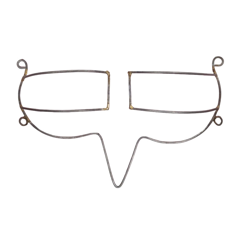 A handcrafted wire bra frame with smooth, artistic curves and rectangular center supports, made from lightweight metal, displayed on a pink background