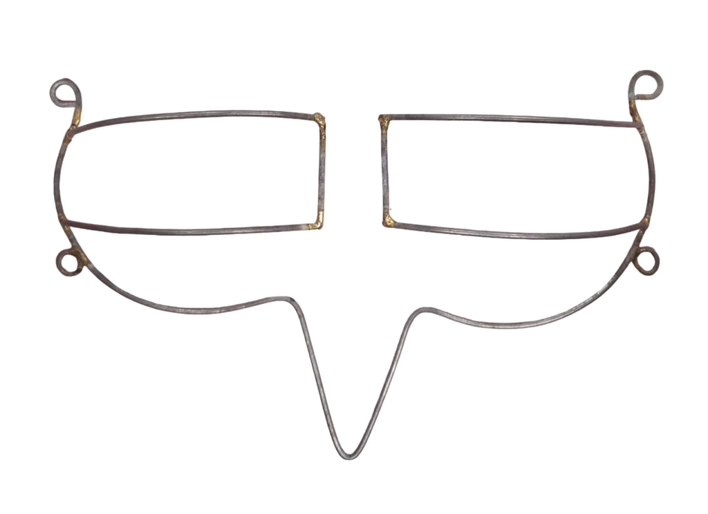 A handcrafted wire bra frame with smooth, artistic curves and rectangular center supports, made from lightweight metal, displayed on a pink background—perfect as a customizable base for carnival and festival costumes