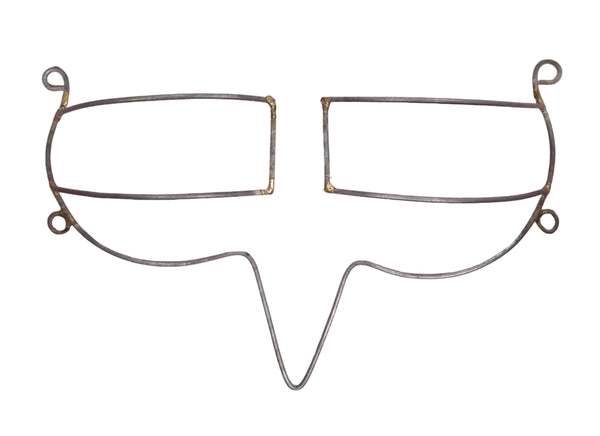 A handcrafted wire bra frame with smooth, artistic curves and rectangular center supports, made from lightweight metal, displayed on a pink background—perfect as a customizable base for carnival and festival costumes