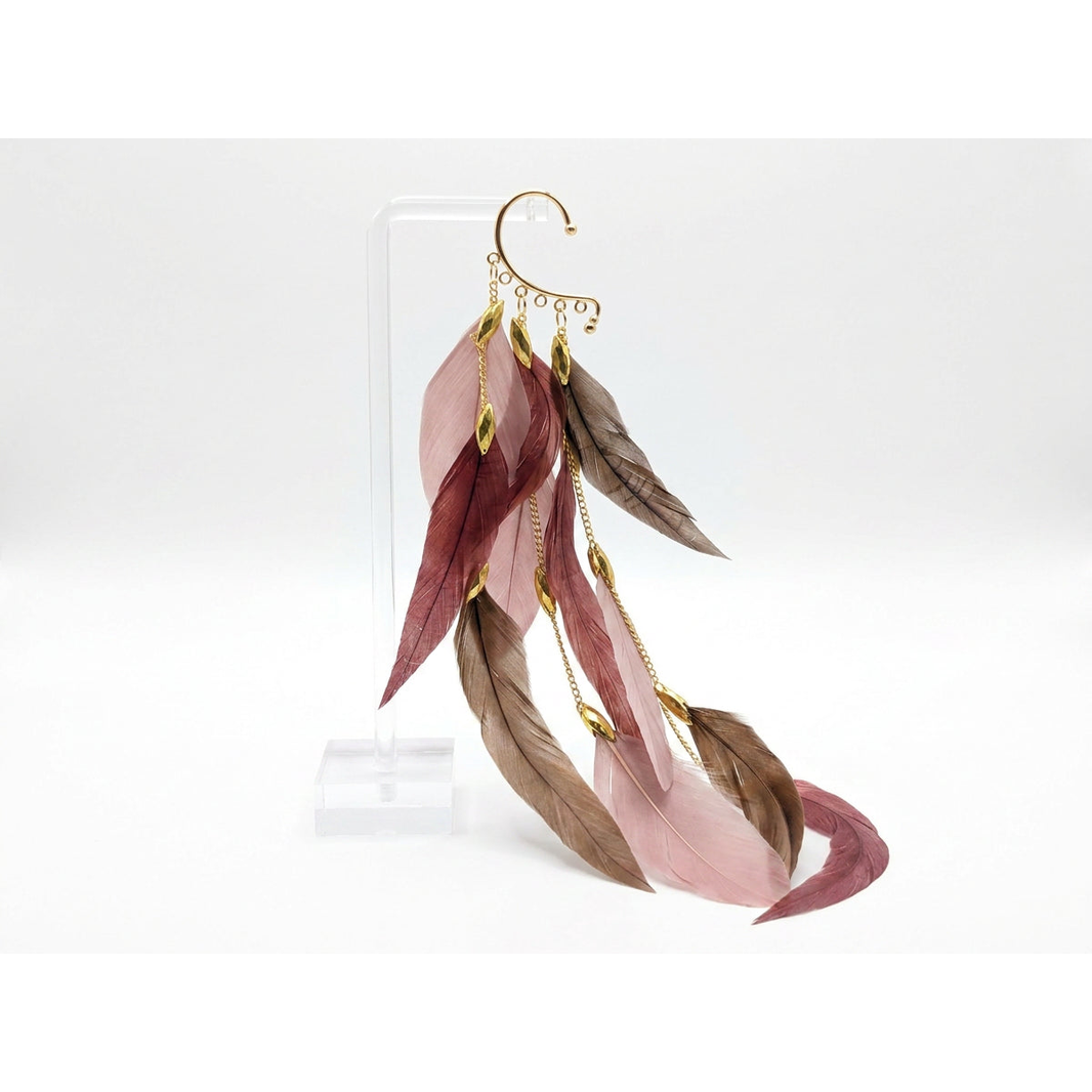 Boho Feather Ear Cuff — Burgundy Rose & Taupe Feather Earring in Gold, No Piercing Needed