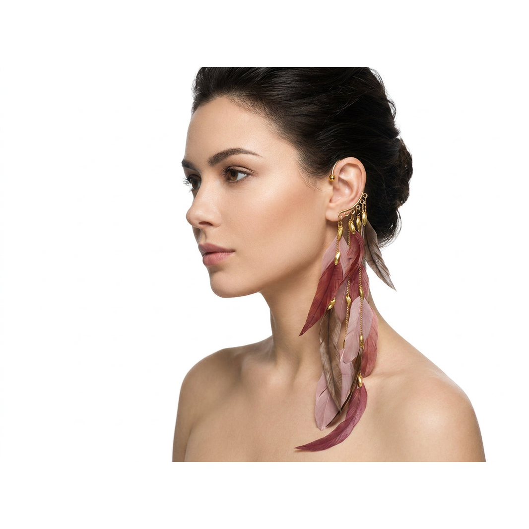 Boho Feather Ear Cuff — Burgundy Rose & Taupe Feather Earring in Gold, No Piercing Needed