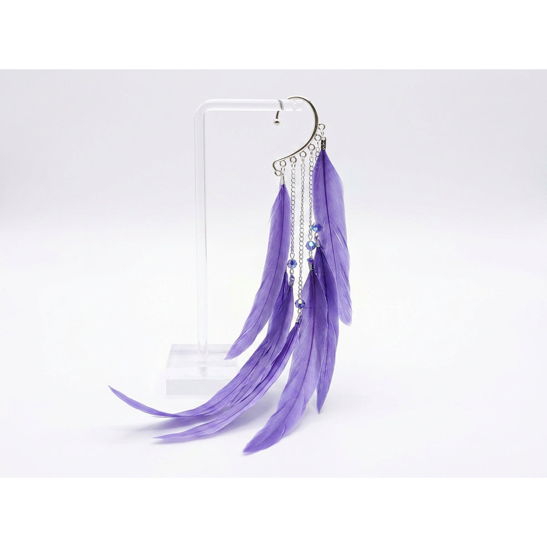 Boho Feather Ear Cuff — Amethyst Purple Feather Earring in Silver, No Piercing Needed