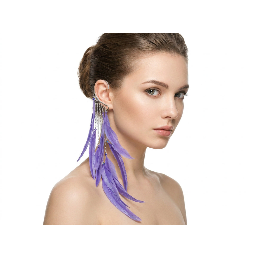 Boho Feather Ear Cuff — Amethyst Purple Feather Earring in Silver, No Piercing Needed