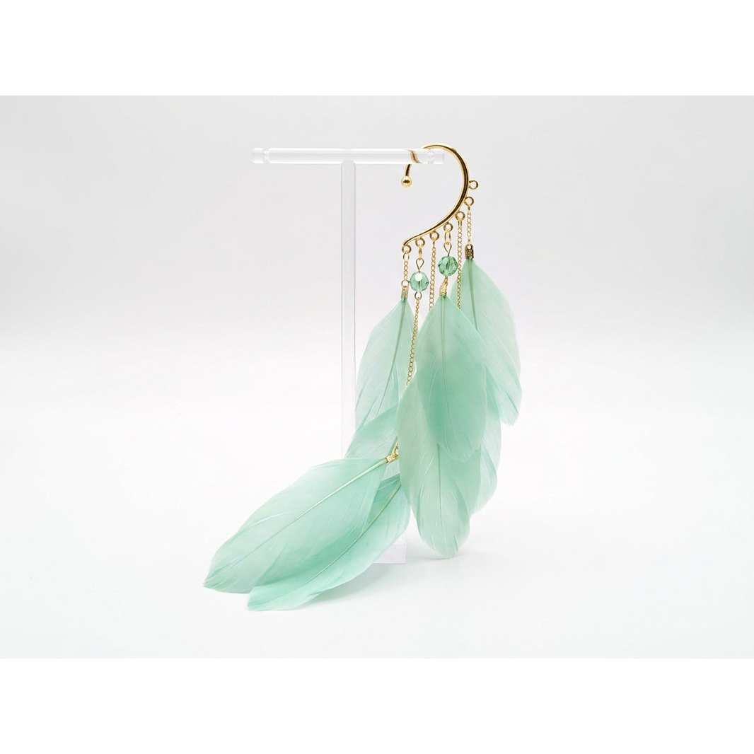 Boho Feather Ear Cuff — Mint Green Feather & Crystal Earring in Gold, No Piercing Needed