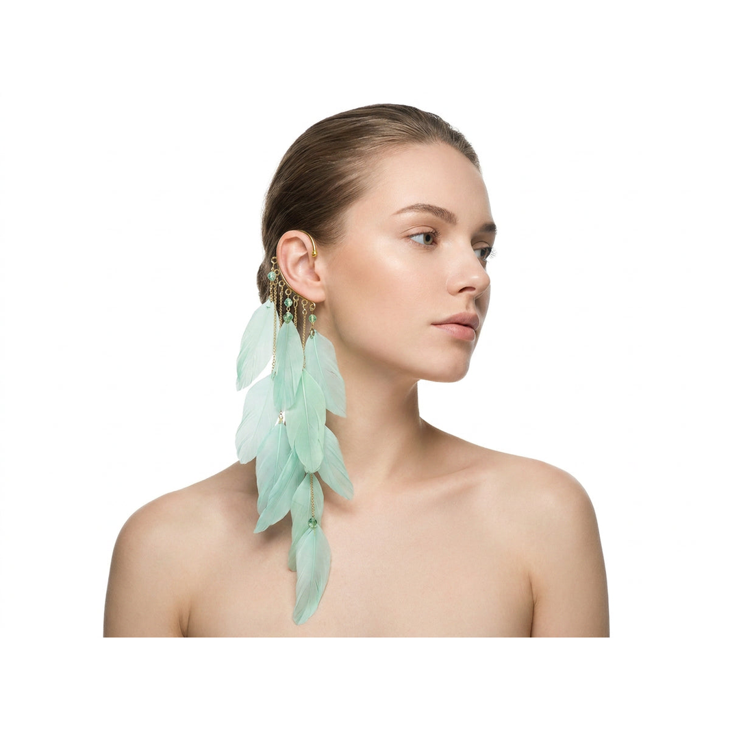 Boho Feather Ear Cuff — Mint Green Feather & Crystal Earring in Gold, No Piercing Needed