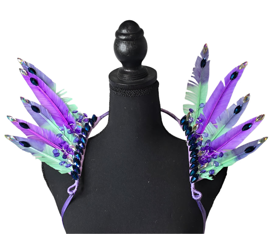 Mystic Mermaid Feather Small Collar Wings featuring iridescent turquoise, lavender, and blue feathers with sparkling embellishments; lightweight, adjustable, and handmade for carnival and festival wear. #CARNIVALFEATHERS #CARNIVAL #CARNIVALCOSTUMES