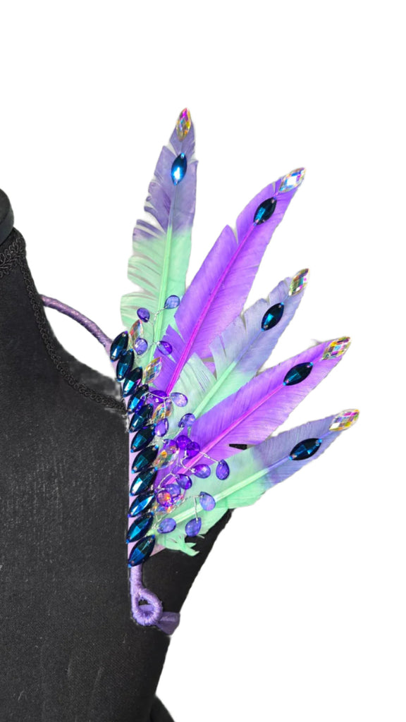 Mystic Mermaid Feather Small Collar Wings featuring iridescent turquoise, lavender, and blue feathers with sparkling embellishments; lightweight, adjustable, and handmade for carnival and festival wear. #CARNIVALFEATHERS #CARNIVAL #CARNIVALCOSTUMES