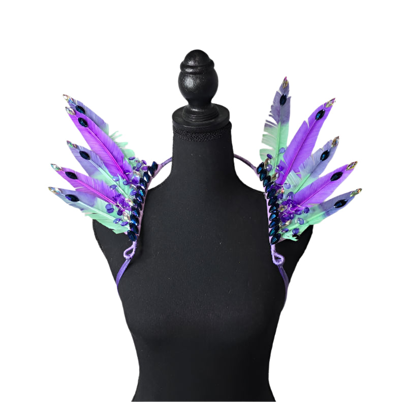 Mystic Mermaid Feather Small Collar Wings featuring iridescent turquoise, lavender, and blue feathers with sparkling embellishments; lightweight, adjustable, and handmade for carnival and festival wear. #CARNIVALFEATHERS #CARNIVAL #CARNIVALCOSTUMES