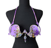 Mystic Orchid Dream Decorated Wire Bra with vibrant purple fabric, iridescent crystal petal embellishments, sparkling beadwork, and dangling center gems, displayed on a black mannequin—ideal for festivals, carnivals, and show-stopping performances. #CarnivalMW #FestivalFashion #CarnivalReady #WireBra
