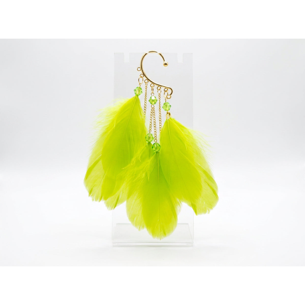 Boho Feather Ear Cuff — Lime Green Feather & Crystal Earring in Gold, No Piercing Needed