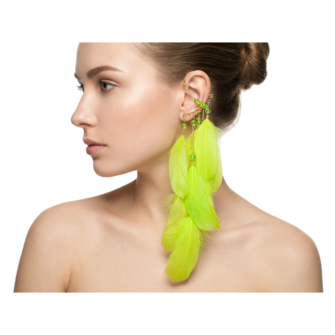 Boho Feather Ear Cuff — Lime Green Feather & Crystal Earring in Gold, No Piercing Needed