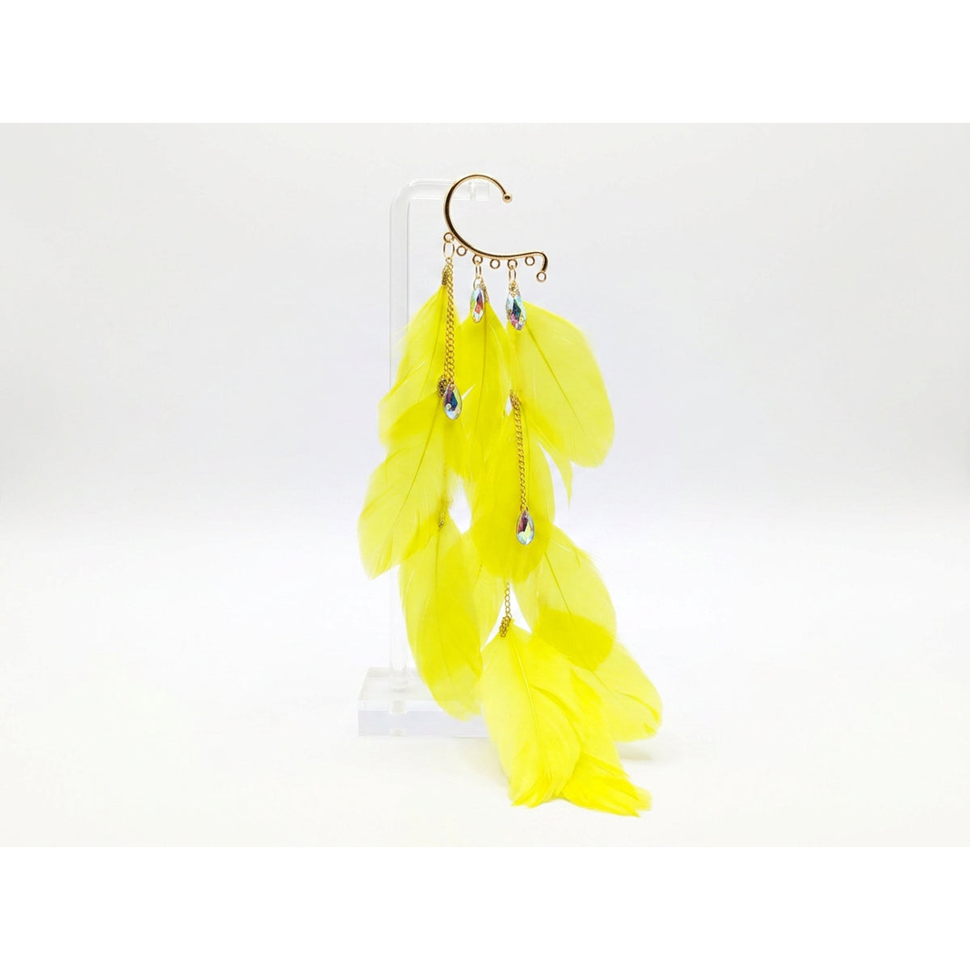 Boho Feather Ear Cuff — Neon Yellow Feather & Crystal Teardrop Earring in Gold, No Piercing Needed