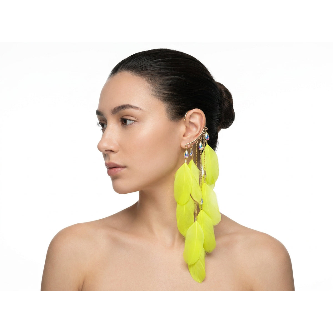 Boho Feather Ear Cuff — Neon Yellow Feather & Crystal Teardrop Earring in Gold, No Piercing Needed