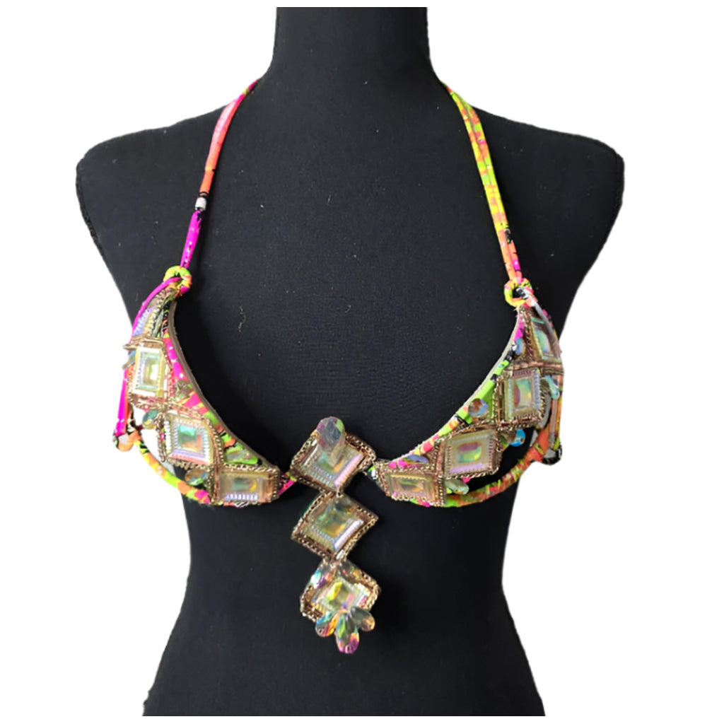 Neon Carnival Decorated Wire Bra featuring a neon multicolor base, sparkling iridescent gems, and bold geometric patterns, displayed on a black mannequin