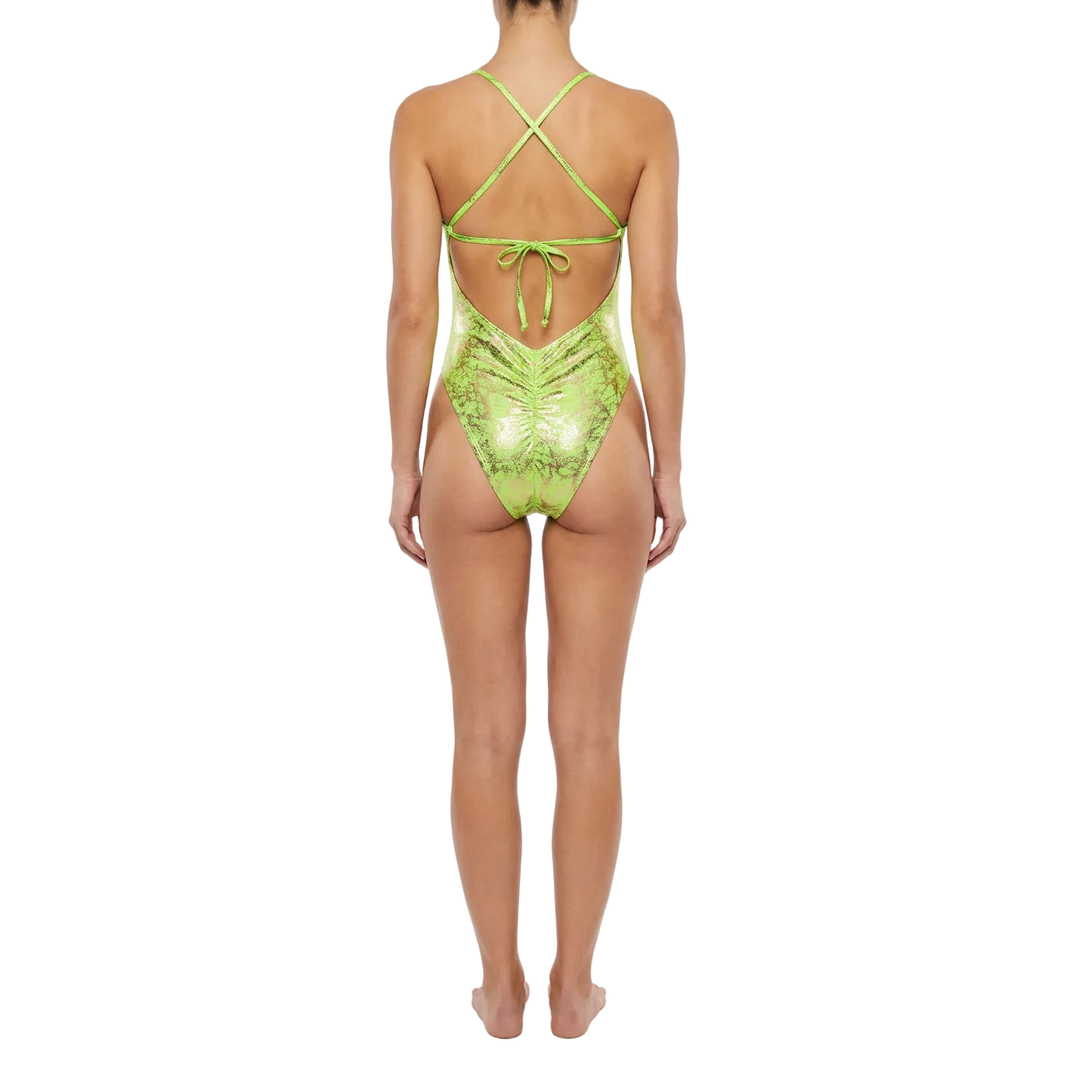 Neon Green One-Piece Monokini Swimsuit Mondaywear — bold one-piece swimsuit for carnival Monday wear, fetes, festivals, pool, and beach