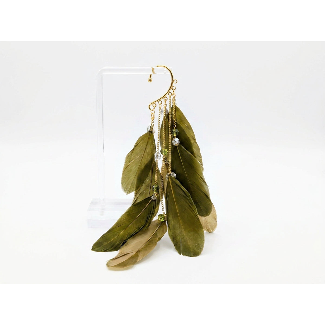 Boho Feather Ear Cuff — Olive Green Feather & Crystal Earring in Gold, No Piercing Needed