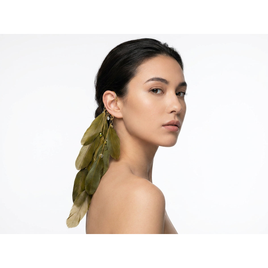 Boho Feather Ear Cuff — Olive Green Feather & Crystal Earring in Gold, No Piercing Needed