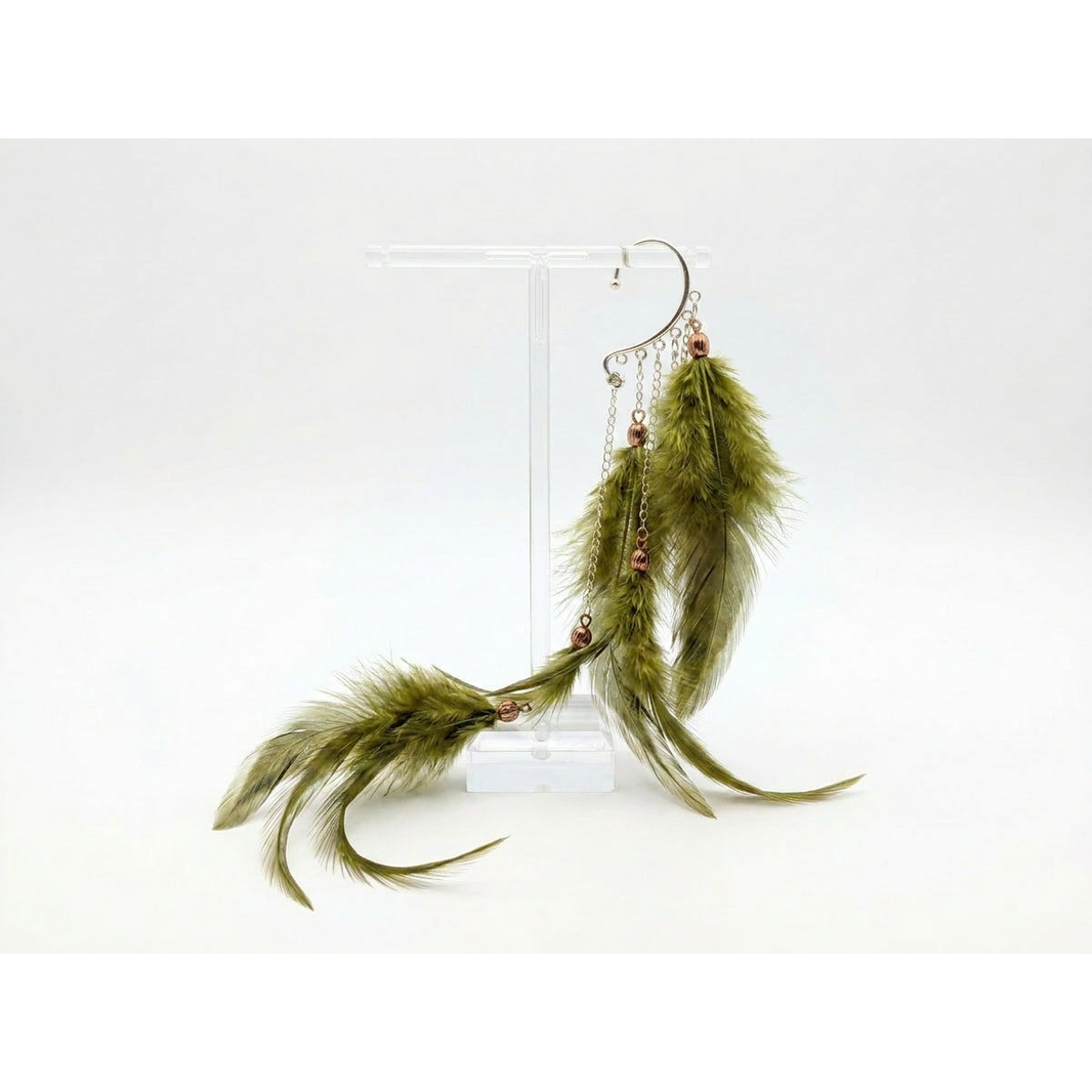 Boho Feather Ear Cuff — Fern Green Wispy Feather Earring in Silver, No Piercing Needed