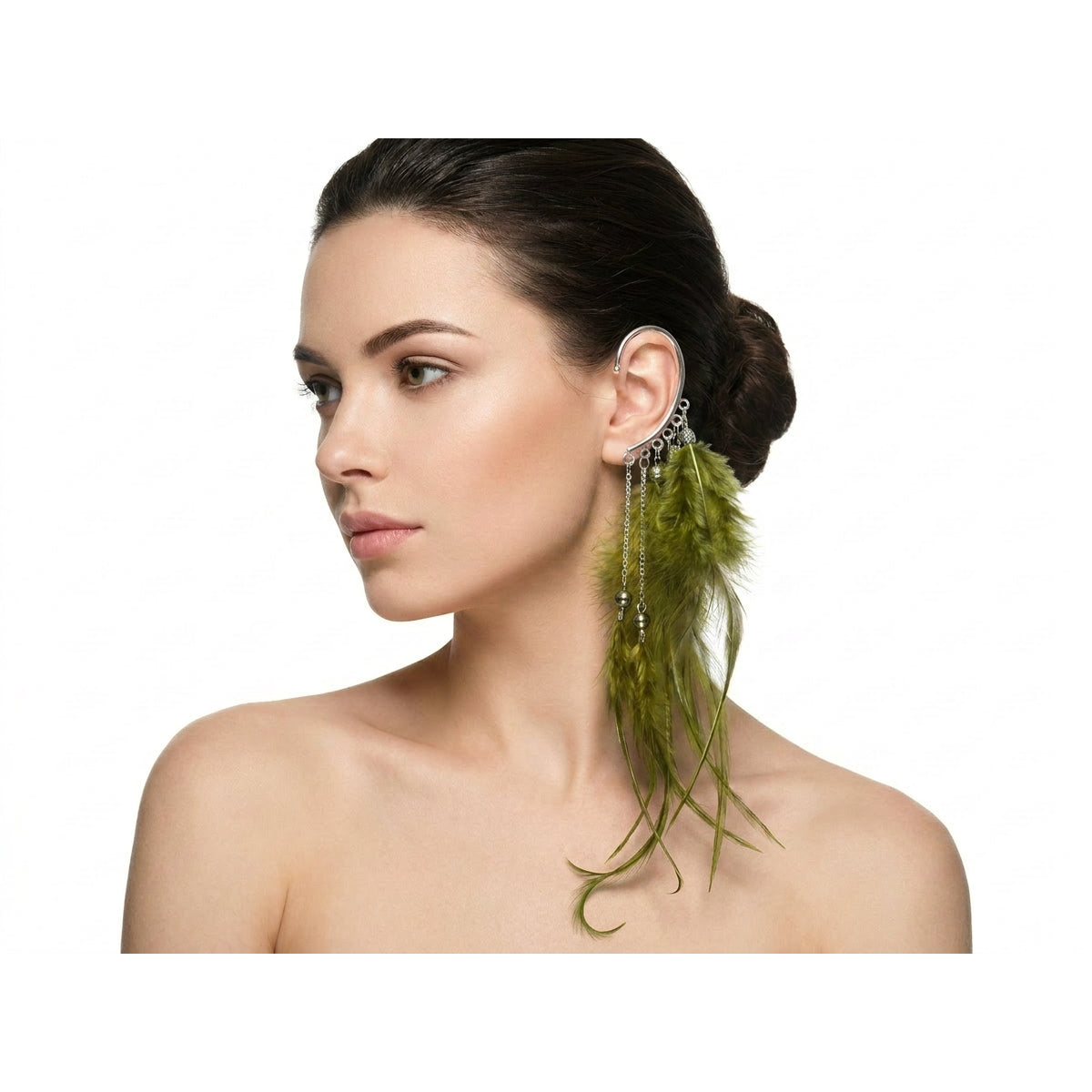 Boho Feather Ear Cuff — Fern Green Wispy Feather Earring in Silver, No Piercing Needed-Boho Feather Ear Cuff — Fern Green Wispy Feather Earring in Silver, No Piercing Needed – on model