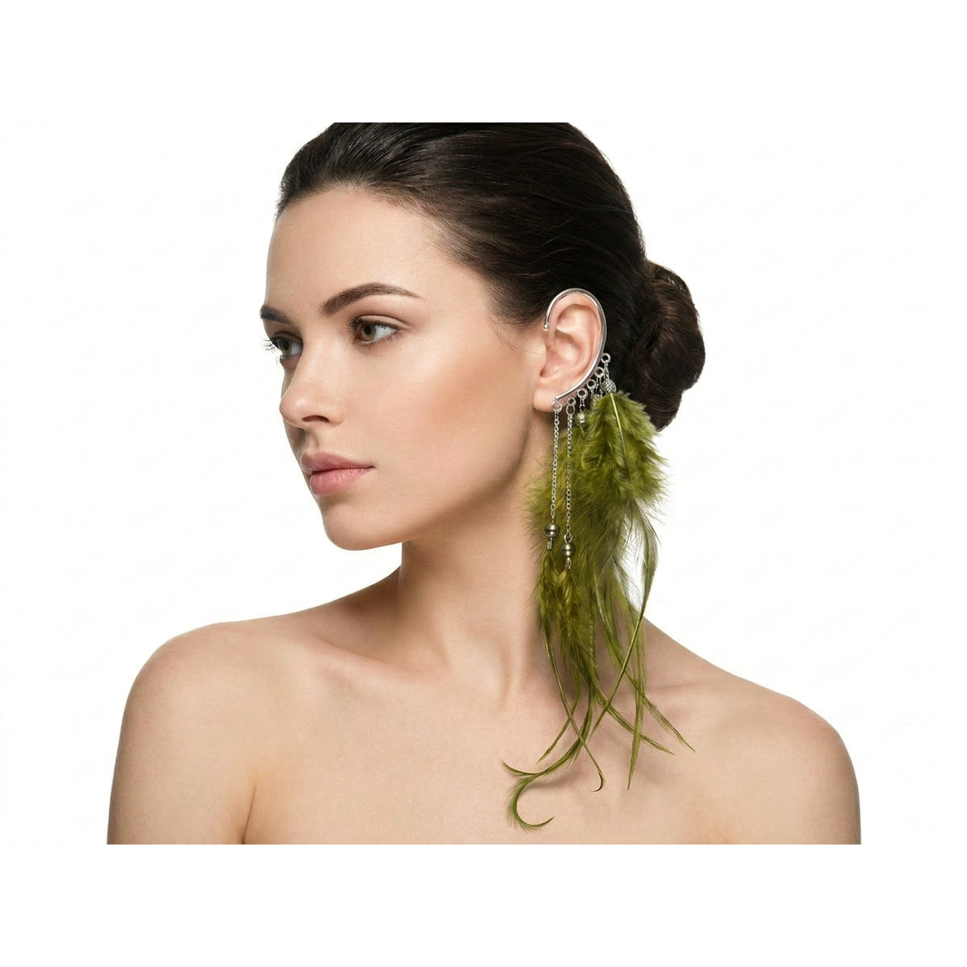 Boho Feather Ear Cuff — Fern Green Wispy Feather Earring in Silver, No Piercing Needed