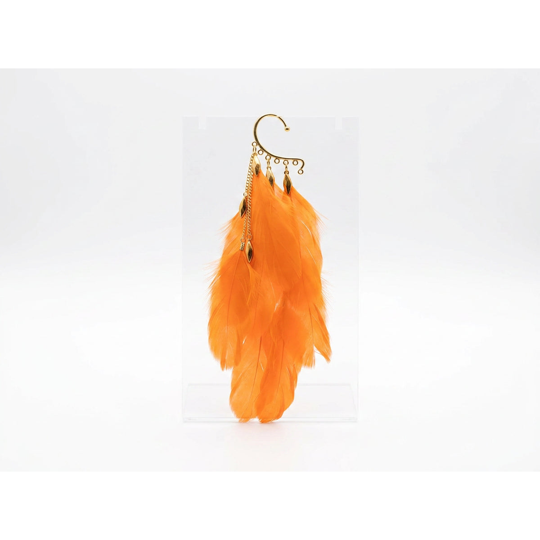 Boho Feather Ear Cuff — Tangerine Orange Feather Earring in Gold, No Piercing Needed