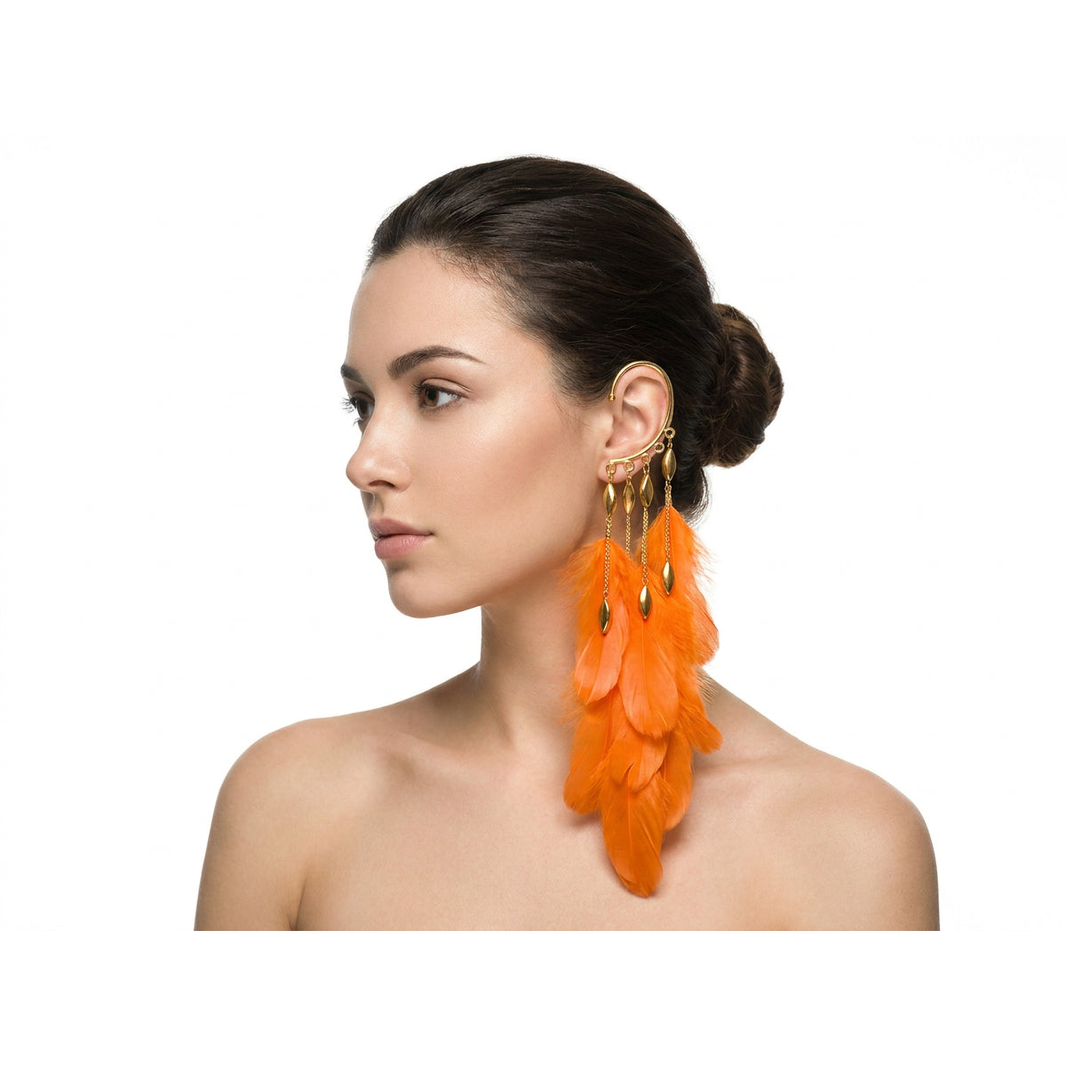 Boho Feather Ear Cuff — Tangerine Orange Feather Earring in Gold, No Piercing Needed