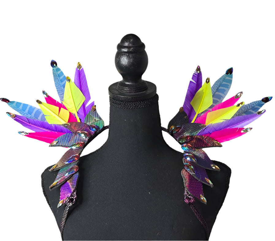 Purple Mini Rain Feather Small Collar Wings featuring vibrant purple, silver, and indigo feathers with sparkling accents; lightweight, adjustable, handmade carnival accessory—perfect for festivals and performances. #CARNIVALFEATHERS #CARNIVAL #CARNIVALCOSTUMES