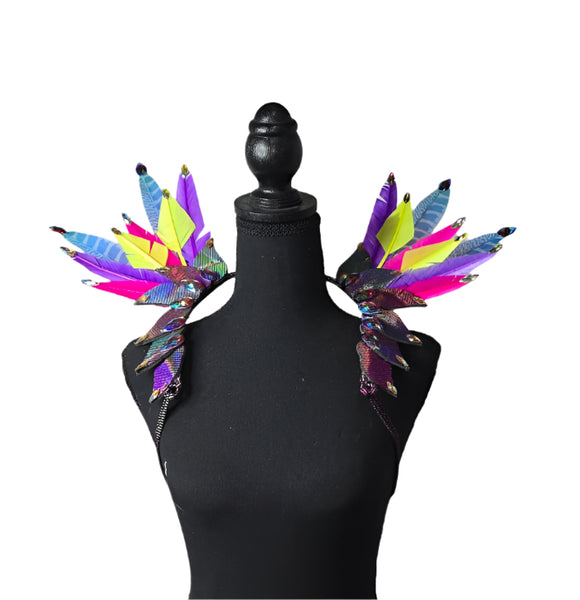 Purple Mini Rain Feather Small Collar Wings featuring vibrant purple, silver, and indigo feathers with sparkling accents; lightweight, adjustable, handmade carnival accessory—perfect for festivals and performances. #CARNIVALFEATHERS #CARNIVAL #CARNIVALCOSTUMES