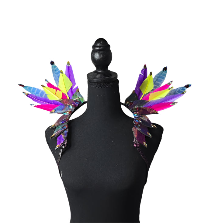 Purple Mini Rain Feather Small Collar Wings featuring vibrant purple, silver, and indigo feathers with sparkling accents; lightweight, adjustable, handmade carnival accessory—perfect for festivals and performances. #CARNIVALFEATHERS #CARNIVAL #CARNIVALCOSTUMES
