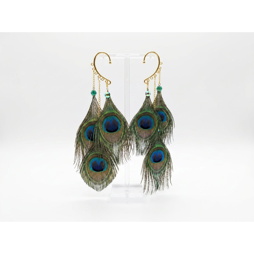 Boho Peacock Feather Ear Cuff — Natural Peacock Eye Earring in Gold, No Piercing Needed