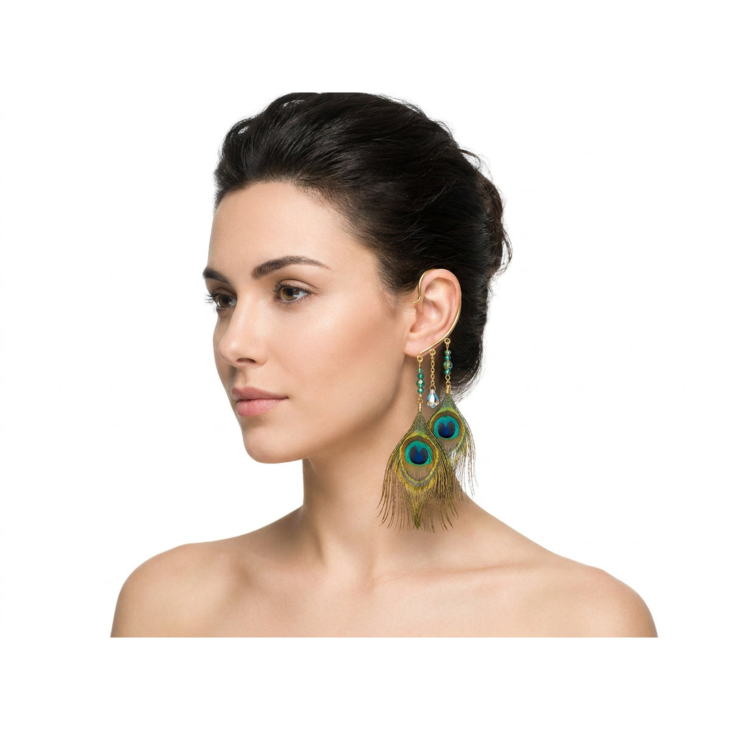 Boho Peacock Feather Ear Cuff — Natural Peacock Eye Earring in Gold, No Piercing Needed