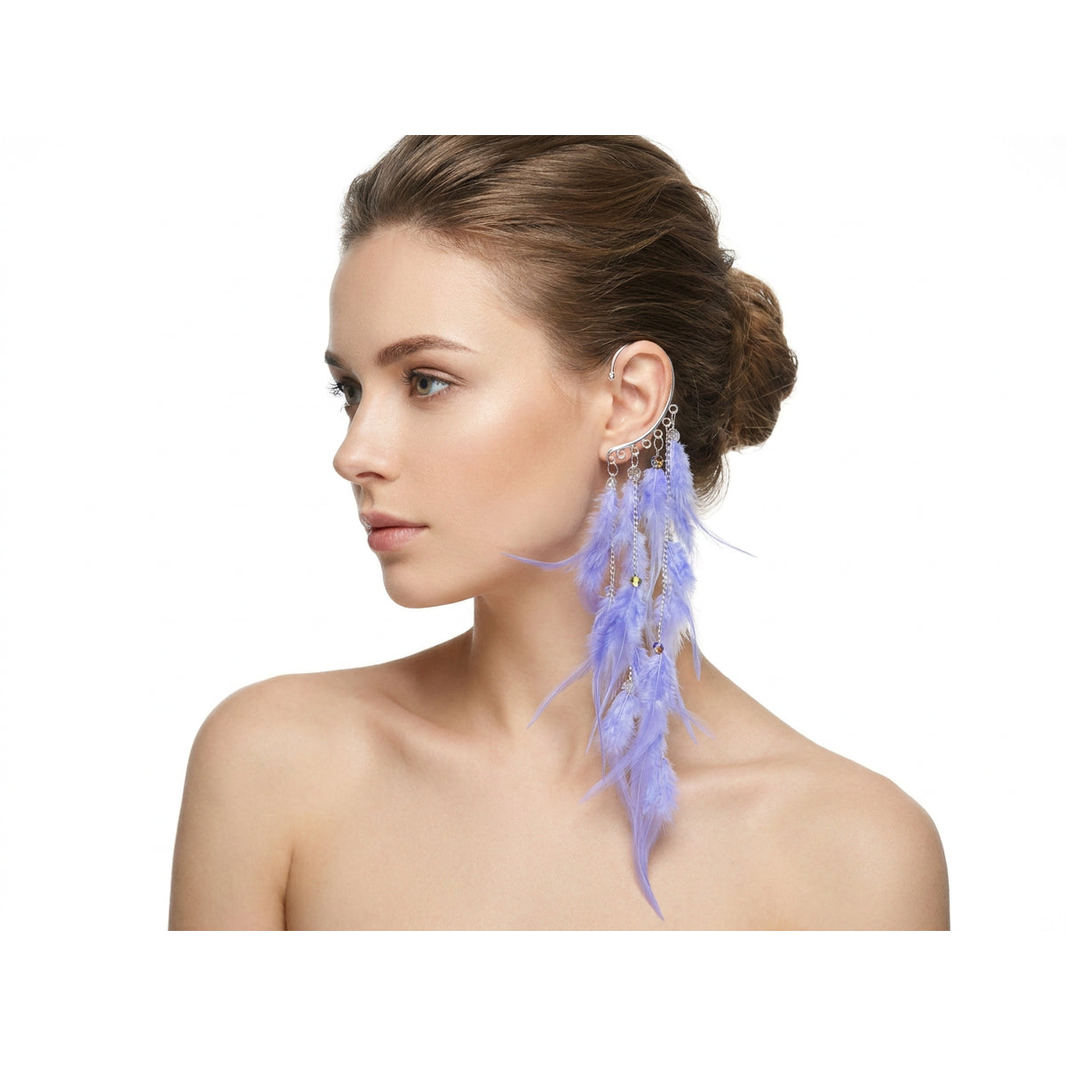 Boho Feather Ear Cuff — Wisteria Plume Feather Earring in Silver, No Piercing Needed