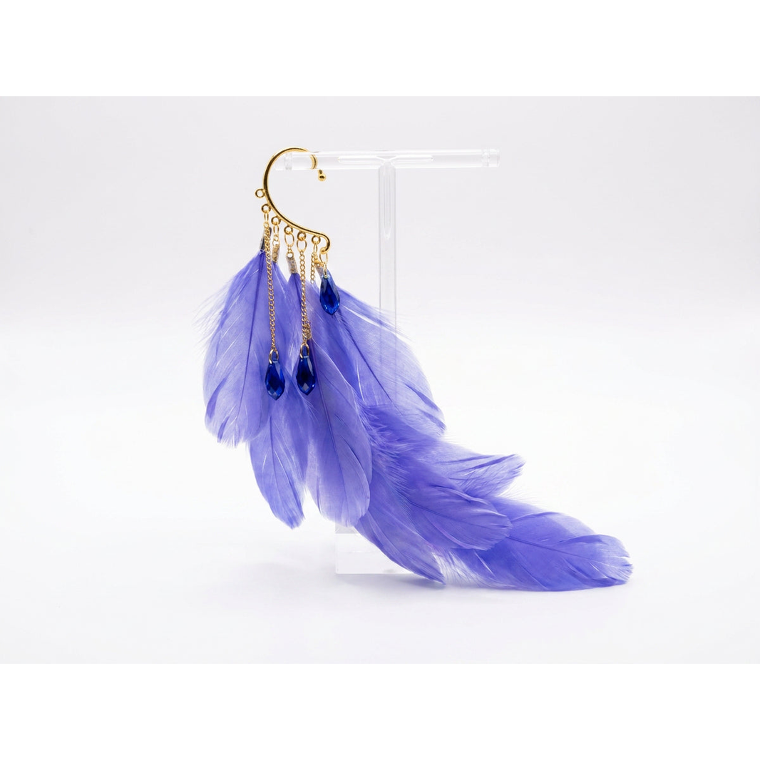 Boho Feather Ear Cuff — Periwinkle Feather & Sapphire Crystal Earring in Gold, No Piercing Needed