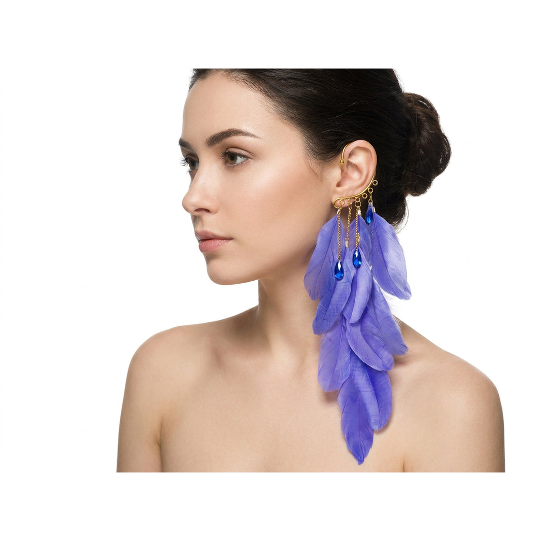 Boho Feather Ear Cuff — Periwinkle Feather & Sapphire Crystal Earring in Gold, No Piercing Needed