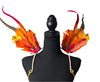 Phoenix Fire Feather Small Collar Wings featuring a fiery blend of vivid orange, red, and golden yellow feathers with dramatic plumes and sparkling embellishments; lightweight, adjustable, and handmade for carnival and festival wear. #CARNIVALFEATHERS #CARNIVAL #CARNIVALCOSTUMES