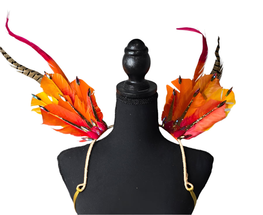 Phoenix Fire Feather Small Collar Wings featuring a fiery blend of vivid orange, red, and golden yellow feathers with dramatic plumes and sparkling embellishments; lightweight, adjustable, and handmade for carnival and festival wear. #CARNIVALFEATHERS #CARNIVAL #CARNIVALCOSTUMES