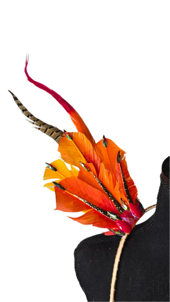 Phoenix Fire Feather Small Collar Wings featuring a fiery blend of vivid orange, red, and golden yellow feathers with dramatic plumes and sparkling embellishments; lightweight, adjustable, and handmade for carnival and festival wear. #CARNIVALFEATHERS #CARNIVAL #CARNIVALCOSTUMES