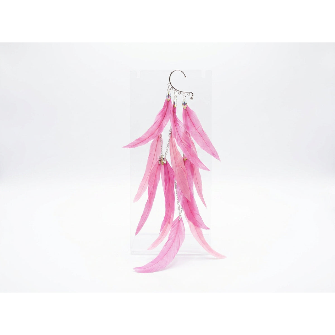 Boho Feather Ear Cuff — Candy Pink Feather & Crystal Earring in Silver, No Piercing Needed