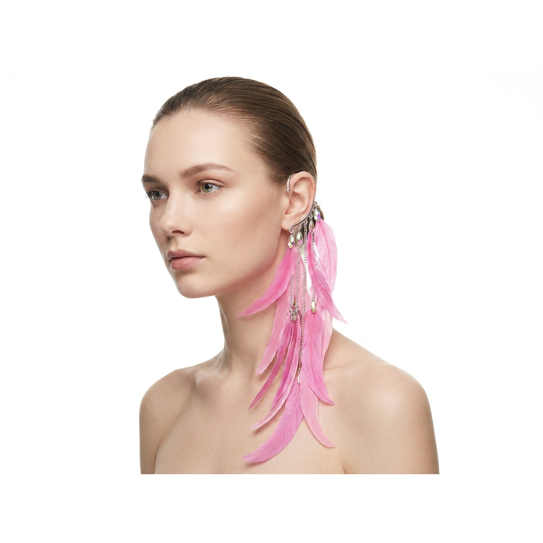 Boho Feather Ear Cuff — Candy Pink Feather & Crystal Earring in Silver, No Piercing Needed